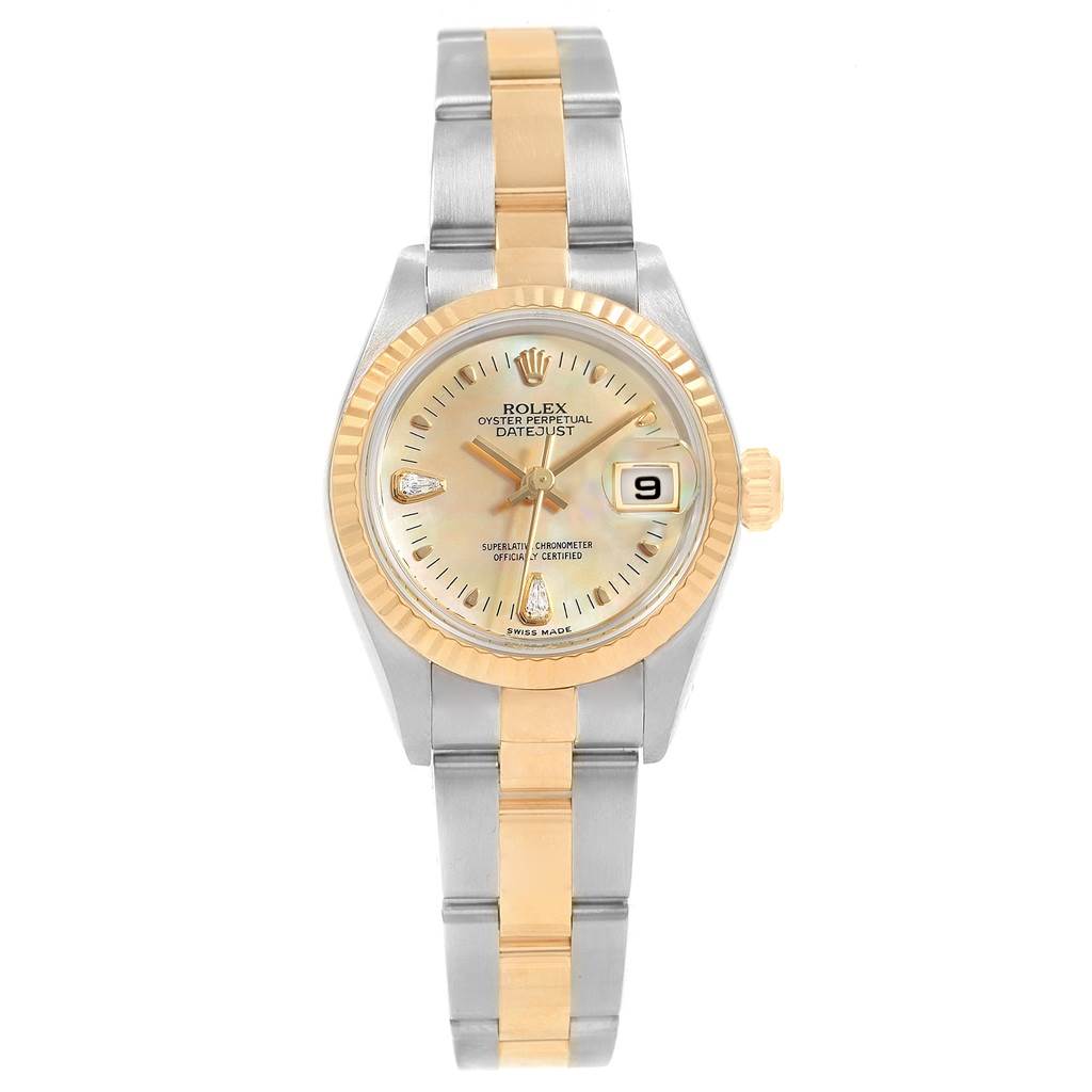 The image shows a Rolex Datejust 79173 Women's Stainless Steel Mother of Pearl Dial 79173 Women's Stainless Steel Mother of Pearl Dial watch from a top-down angle, highlighting the dial, bezel, bracelet, and date window.