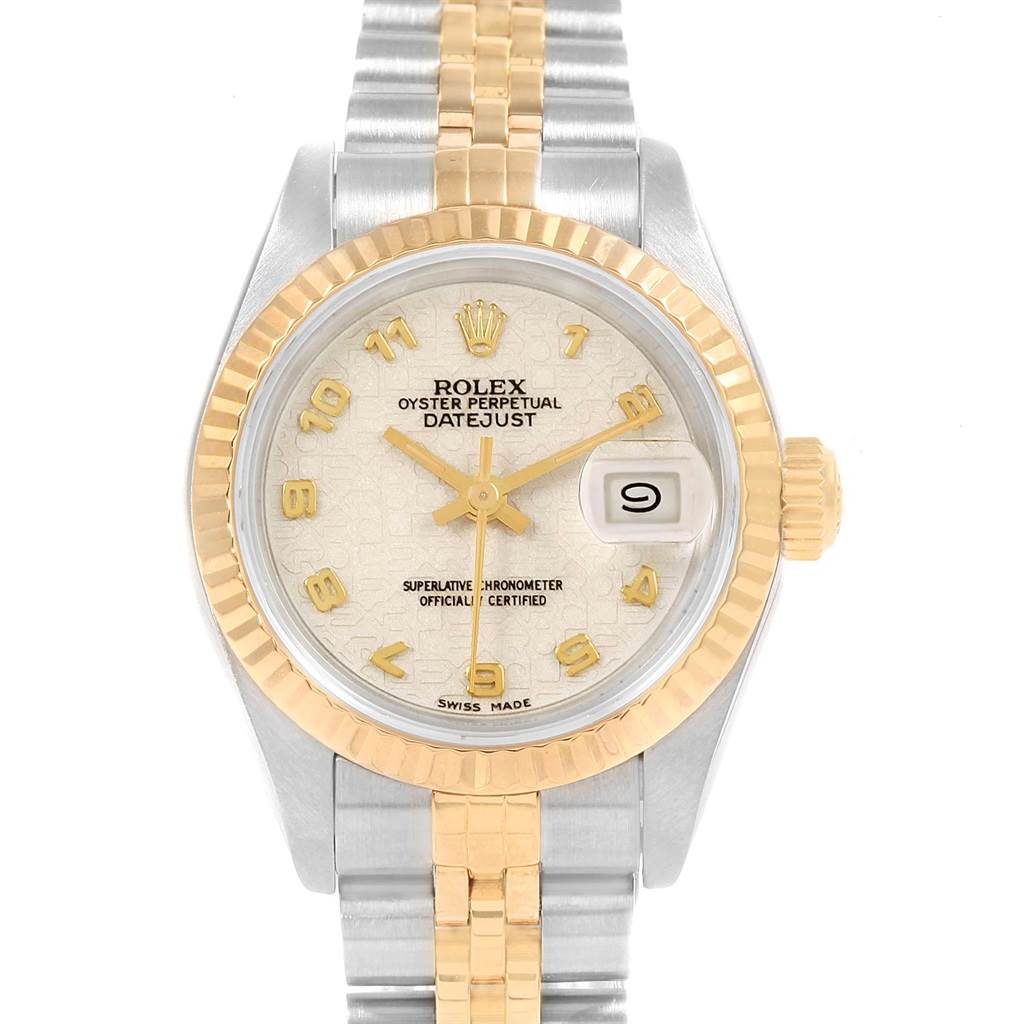 The image shows a front view of a Rolex Datejust 69173 Women's Stainless Steel Beige Dial 69173 Women's Stainless Steel Beige Dial watch, highlighting the dial, bezel, crown, and part of the bracelet.