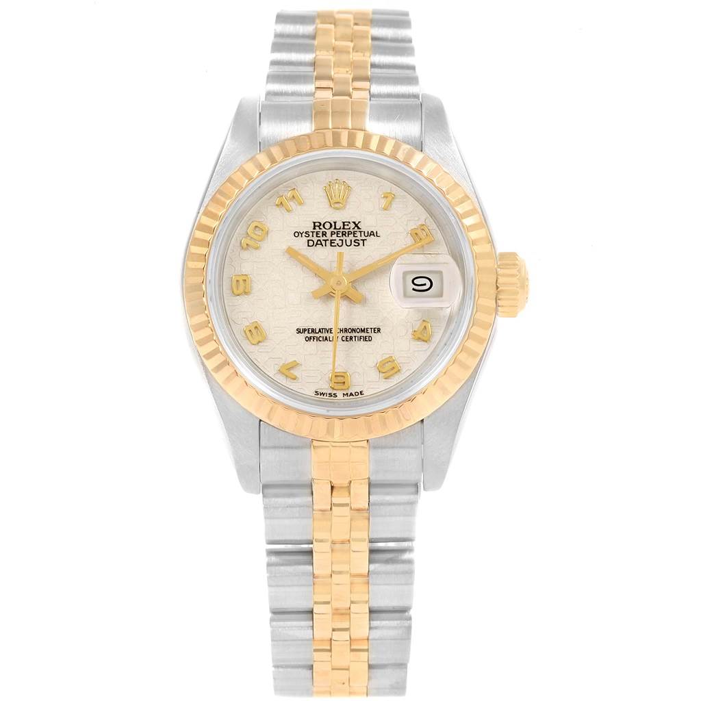 This image shows a front view of a Rolex Datejust 69173 Women's Stainless Steel Beige Dial 69173 Women's Stainless Steel Beige Dial watch with a two-tone metal bracelet and a gold bezel.