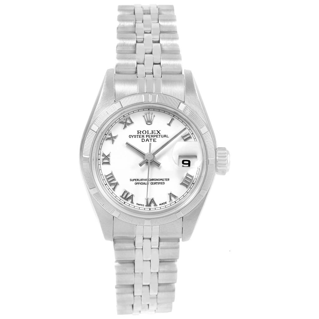 The image shows a front view of the Rolex Datejust 79190 Women
s Stainless Steel White Dial 79190 Women
s Stainless Steel White Dial watch, displaying its face, bezel, and bracelet.