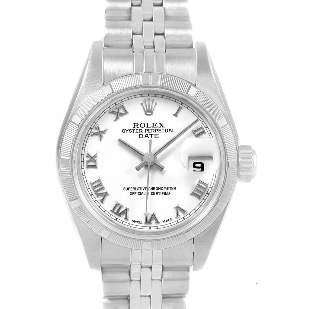 The image shows a frontal view of a Rolex Datejust 79190 Women
s Stainless Steel White Dial 79190 Women
s Stainless Steel White Dial watch, highlighting its face, bezel, crown, and band.