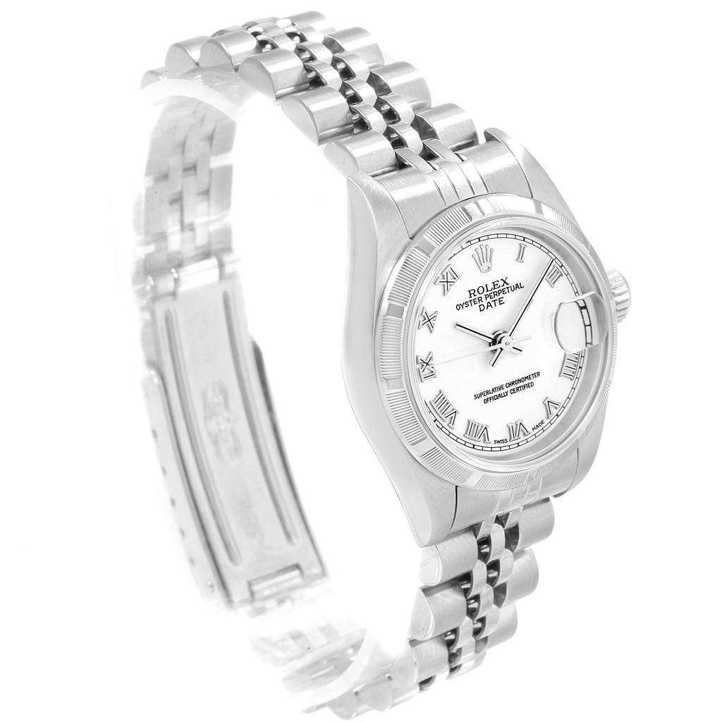 This image shows a side angle of a Rolex Datejust 79190 Women
s Stainless Steel White Dial 79190 Women
s Stainless Steel White Dial watch, highlighting its bracelet, case, dial, and bezel.