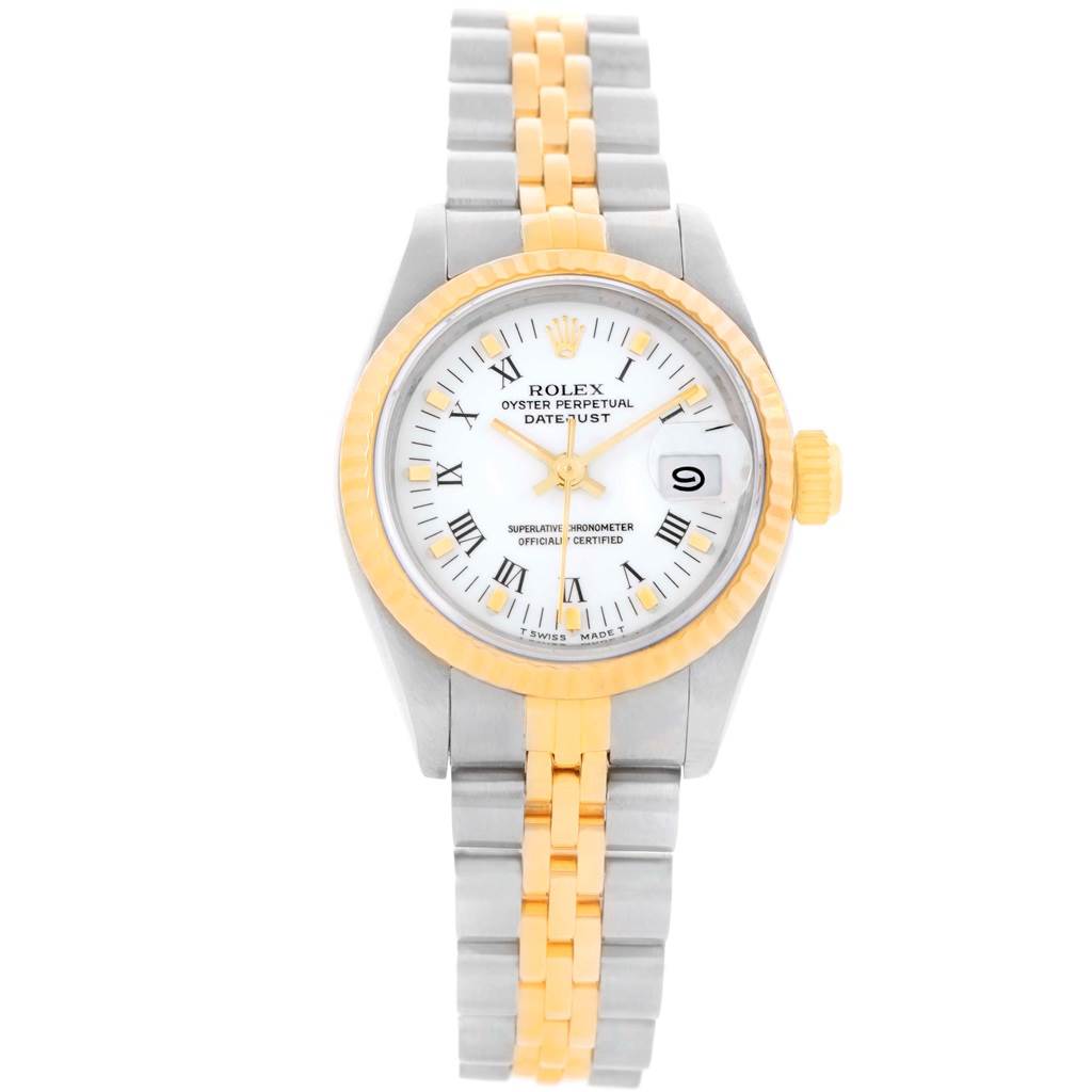 The Rolex Datejust 69173 Women's Stainless Steel White Dial 69173 Women's Stainless Steel White Dial watch is shown from a top-down angle, displaying its dial, bezel, crown, and two-tone bracelet.