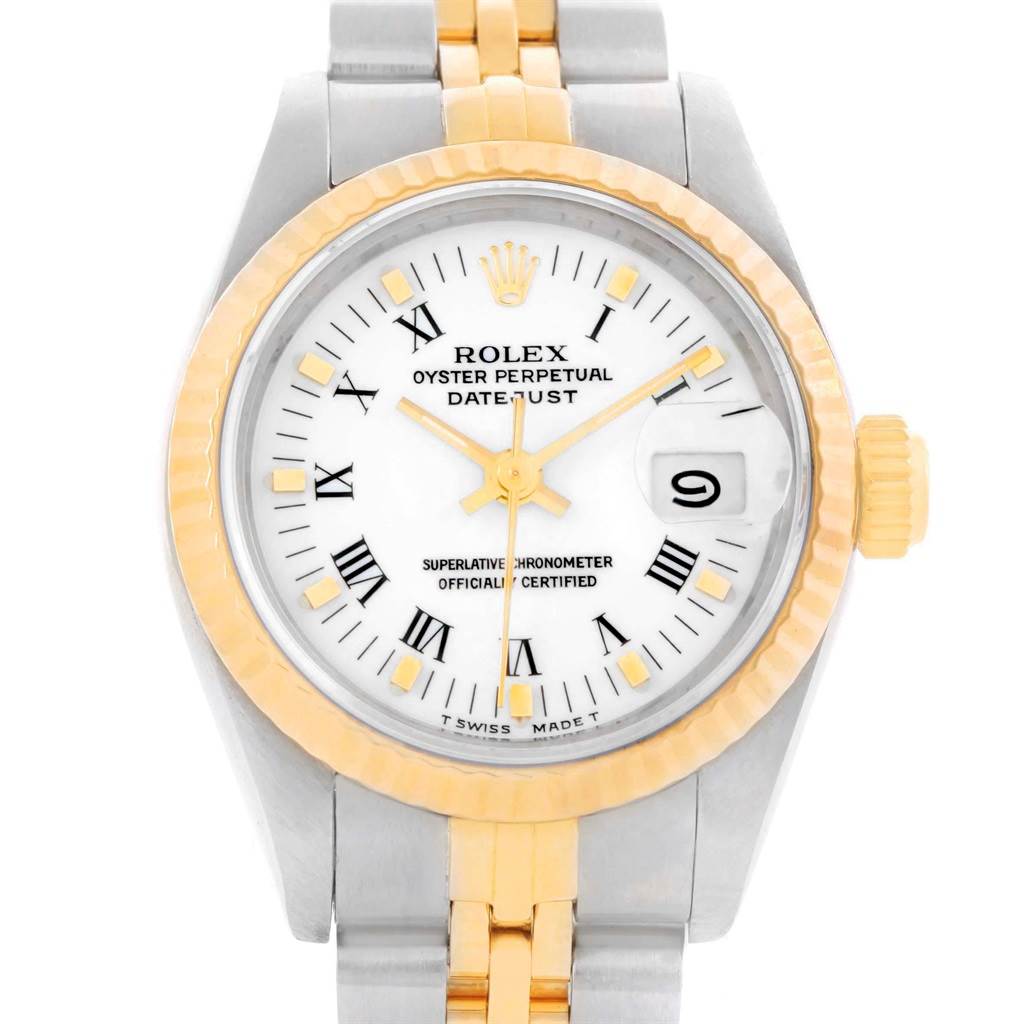 The image shows a front view of a Rolex Datejust 69173 Women's Stainless Steel White Dial 69173 Women's Stainless Steel White Dial watch, highlighting its face, bezel, and bracelet.