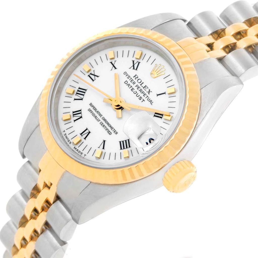 The image shows a close-up of a Rolex Datejust 69173 Women's Stainless Steel White Dial 69173 Women's Stainless Steel White Dial watch, focusing on its dial, bezel, crown, and part of the bracelet.