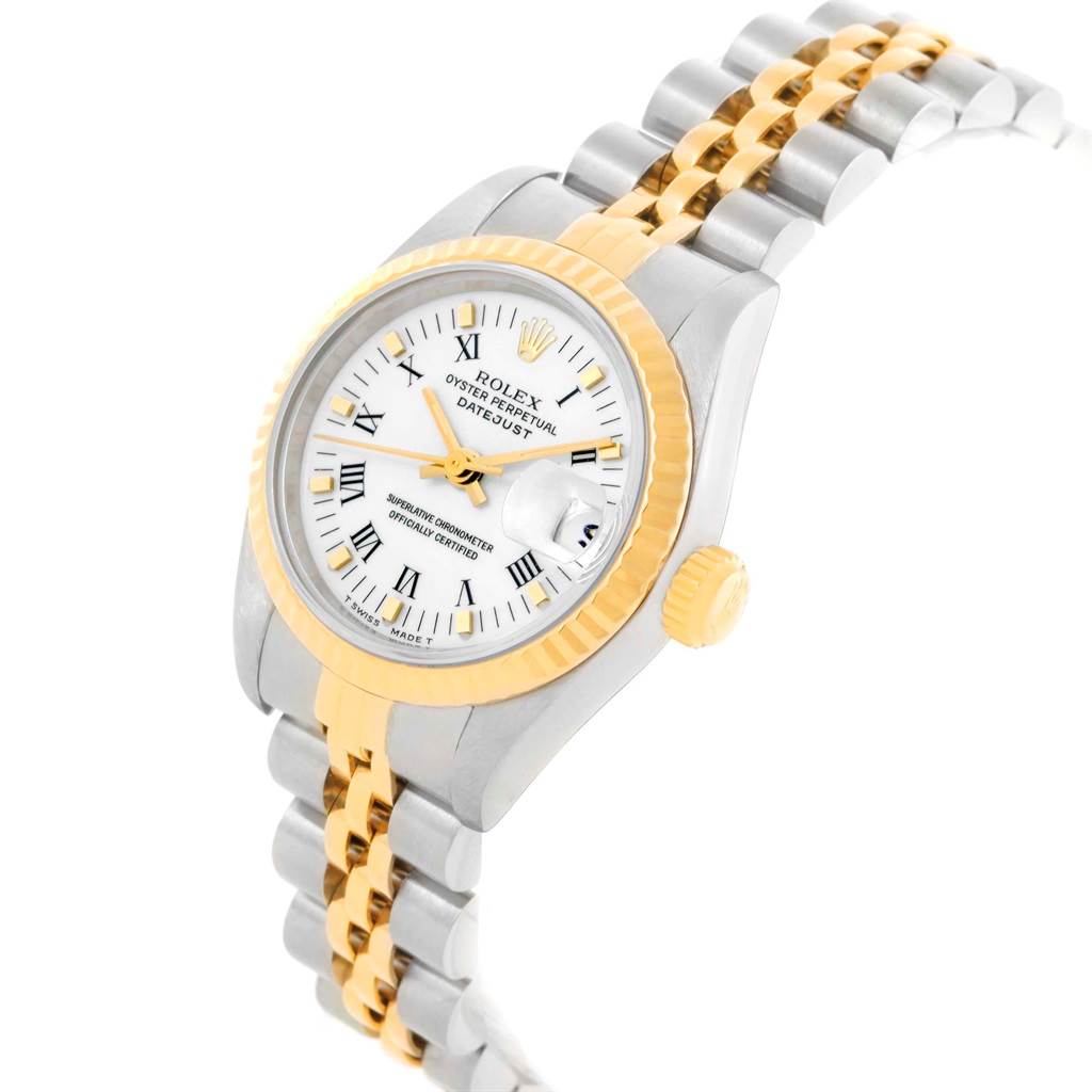 The image shows a Rolex Datejust 69173 Women's Stainless Steel White Dial 69173 Women's Stainless Steel White Dial watch at an angled view, highlighting its dial, bezel, crown, and the two-tone bracelet.