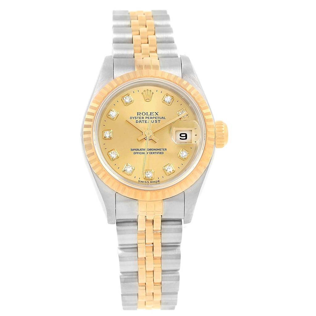 This image shows a frontal view of a Rolex Datejust 69173 Women's Stainless Steel Champagne Dial 69173 Women's Stainless Steel Champagne Dial watch, highlighting its gold dial, date window, and two-tone bracelet.