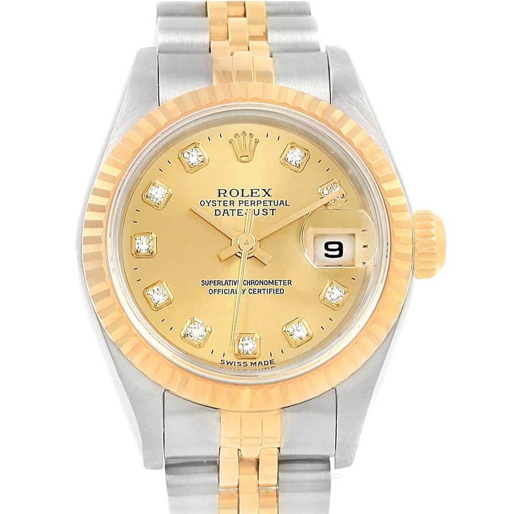 The image shows a frontal view of a Rolex Datejust 69173 Women's Stainless Steel Champagne Dial 69173 Women's Stainless Steel Champagne Dial watch, featuring the dial, bracelet, bezel, date window, and crown.