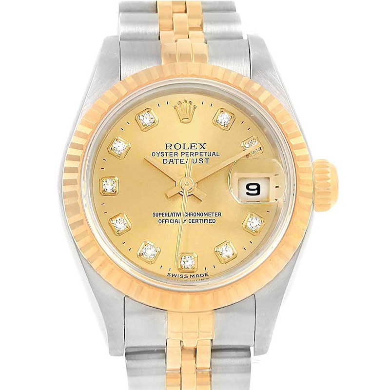 Rolex Datejust 26 Yellow Gold Steel Diamond Dial Womens Watch 69173 SwissWatchExpo