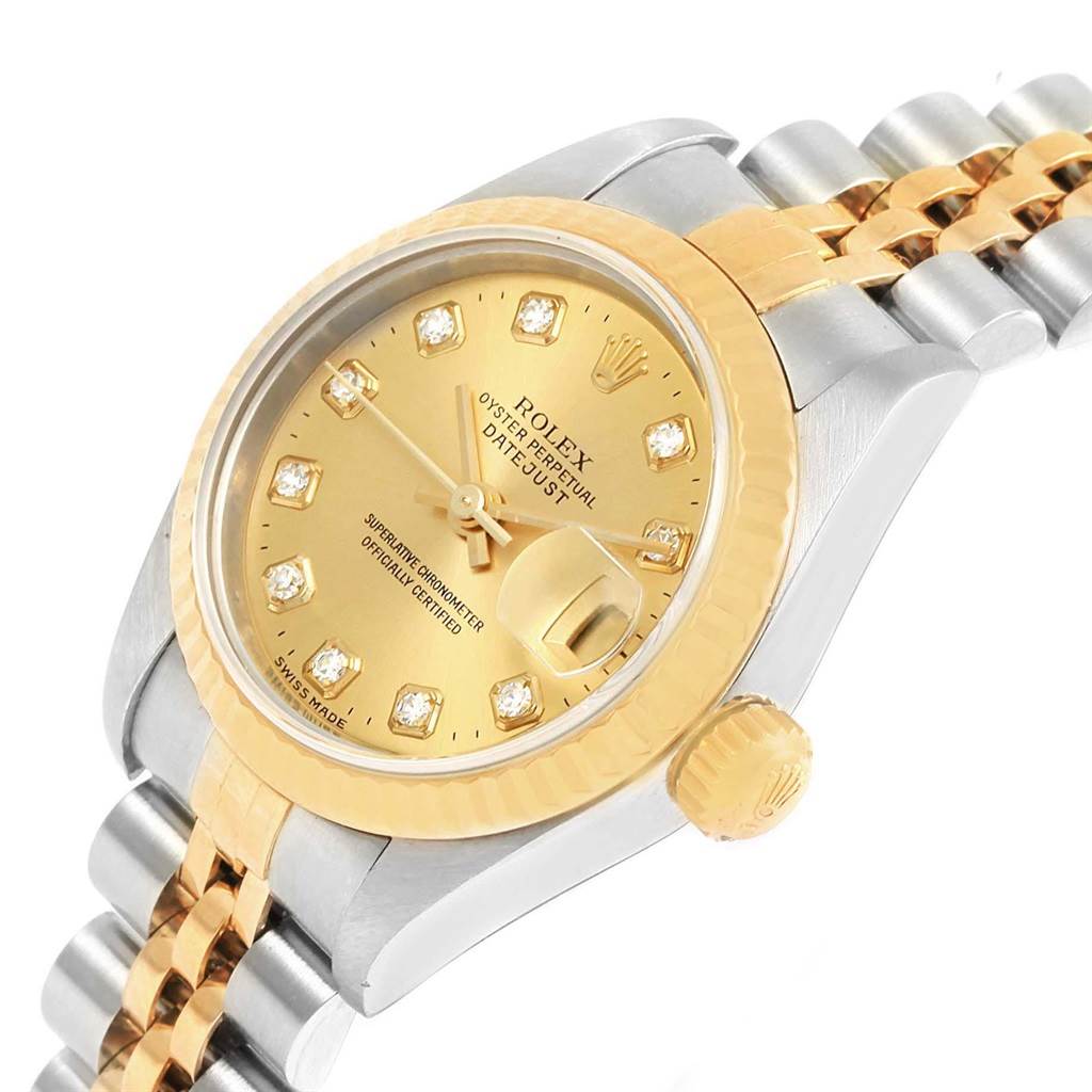 This image shows a close-up of the Rolex Datejust 69173 Women's Stainless Steel Champagne Dial 69173 Women's Stainless Steel Champagne Dial model focusing on the dial, crown, and bracelet from a slightly angled view.