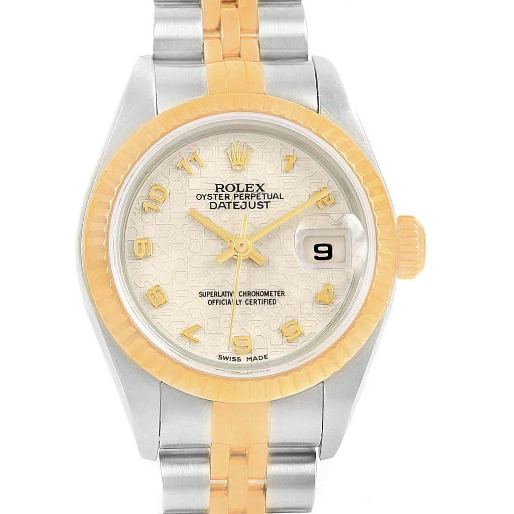 This image shows a front view of a Rolex Datejust 79173 Women's Steel and Gold (two tone) Beige Dial 79173 Women's Steel and Gold (two tone) Beige Dial watch, displaying the dial, bezel, crown, and part of the bracelet.