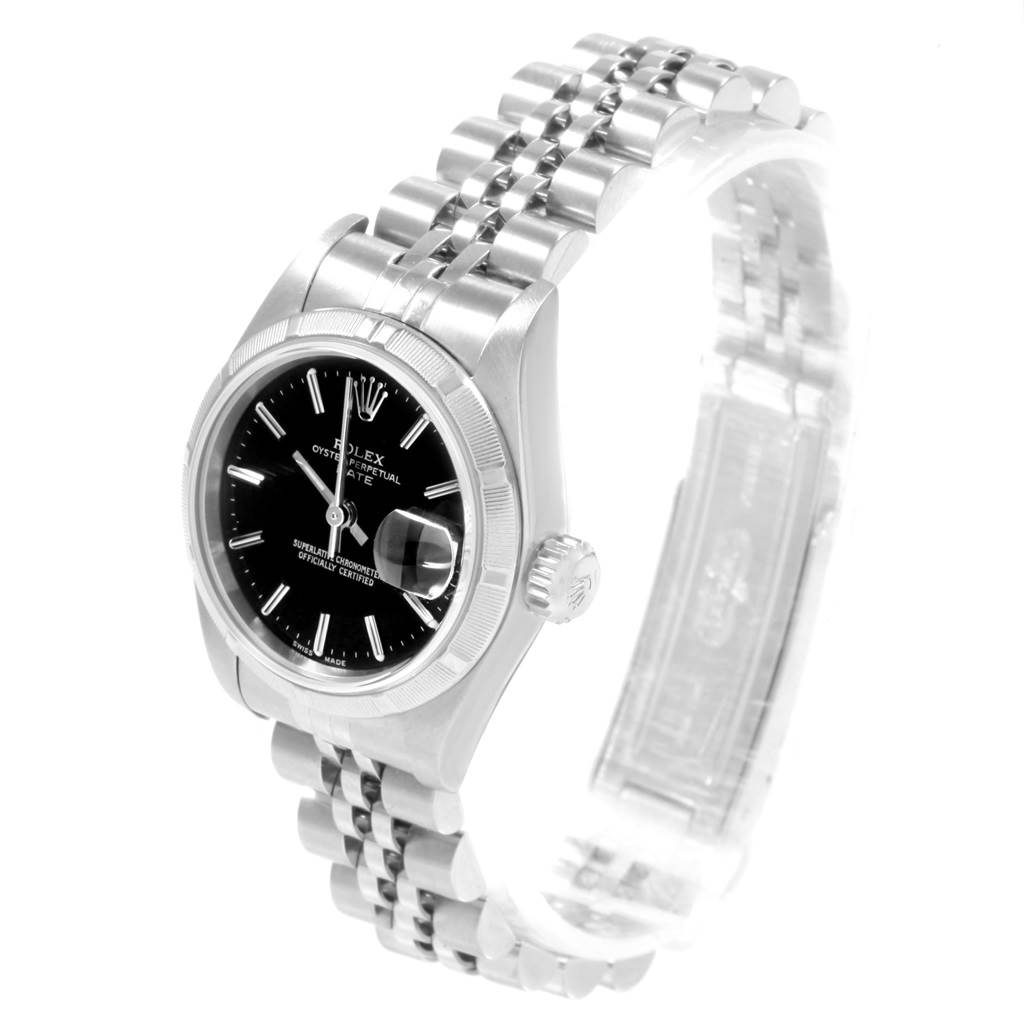 The image shows a Rolex Datejust 79190 Women's Stainless Steel Black Dial 79190 Women's Stainless Steel Black Dial watch at an angle highlighting the face, bezel, crown, and bracelet.