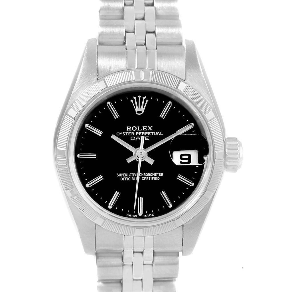 The image shows a frontal view of a Rolex Datejust 79190 Women's Stainless Steel Black Dial 79190 Women's Stainless Steel Black Dial watch, highlighting the black dial, classic hands, date window, and bracelet.