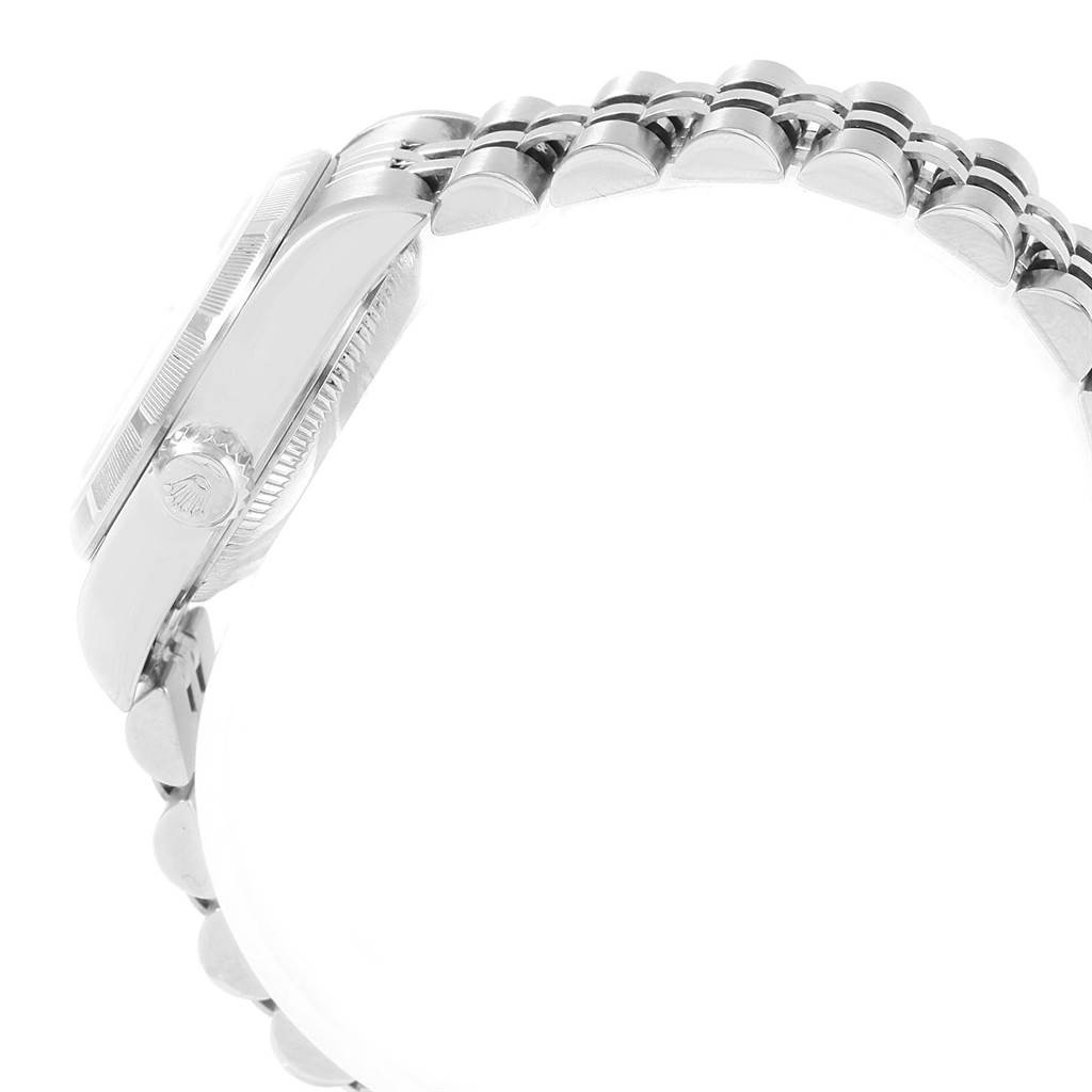 The image shows a side view of the Rolex Datejust 79190 Women's Stainless Steel Black Dial 79190 Women's Stainless Steel Black Dial watch, highlighting the crown and bracelet links.