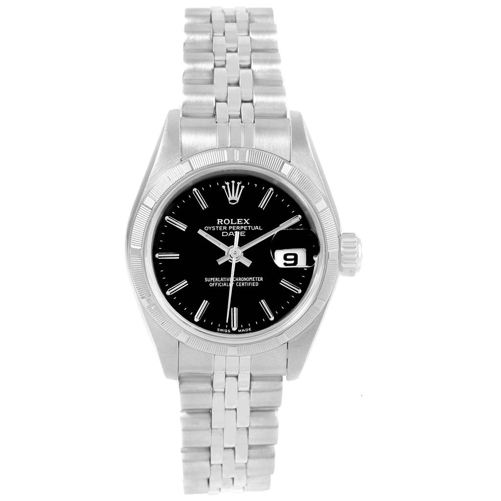 This image shows a Rolex Datejust 79190 Women's Stainless Steel Black Dial 79190 Women's Stainless Steel Black Dial watch from the front, featuring its dial, bezel, and bracelet.