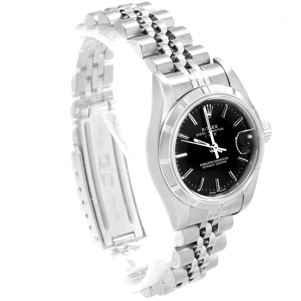 This image shows a Rolex Datejust 79190 Women's Stainless Steel Black Dial 79190 Women's Stainless Steel Black Dial watch at a three-quarter angle, highlighting its face, bezel, and part of the bracelet.