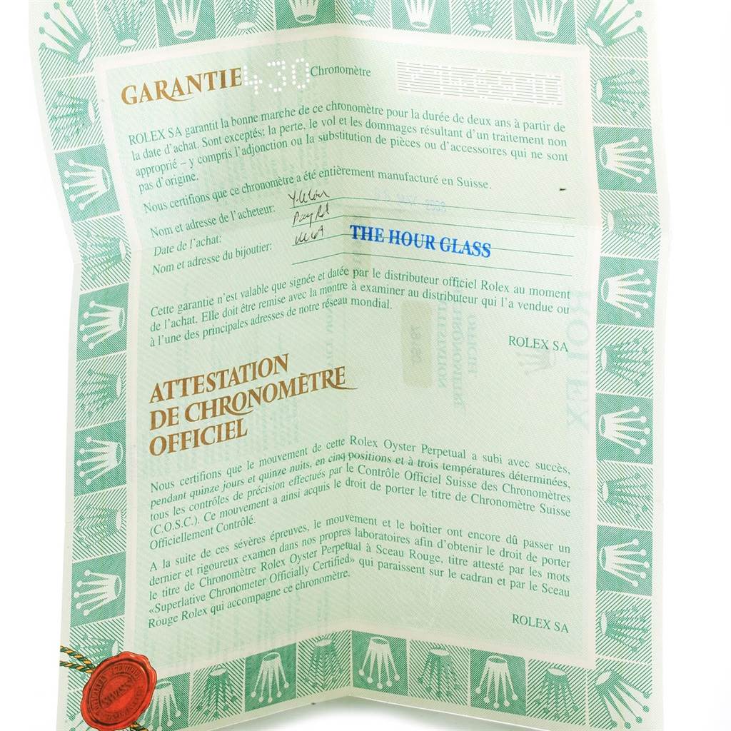 The image shows a guarantee and chronometer certification document for a Rolex Datejust 79190 Women's Stainless Steel Black Dial 79190 Women's Stainless Steel Black Dial watch.