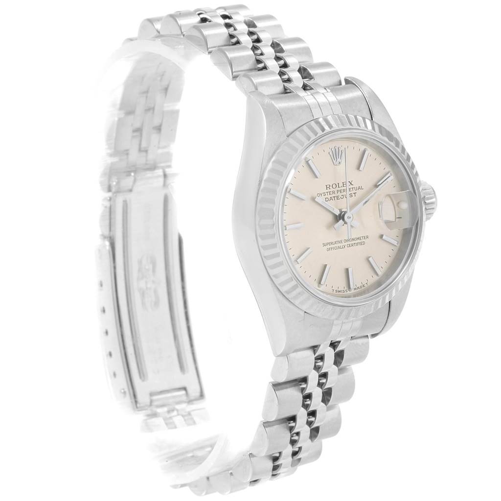 The image shows the Rolex Datejust 69174 Women's Stainless Steel Silver Dial 69174 Women's Stainless Steel Silver Dial watch at a slight angled side view, highlighting the dial, case, crown, and bracelet.