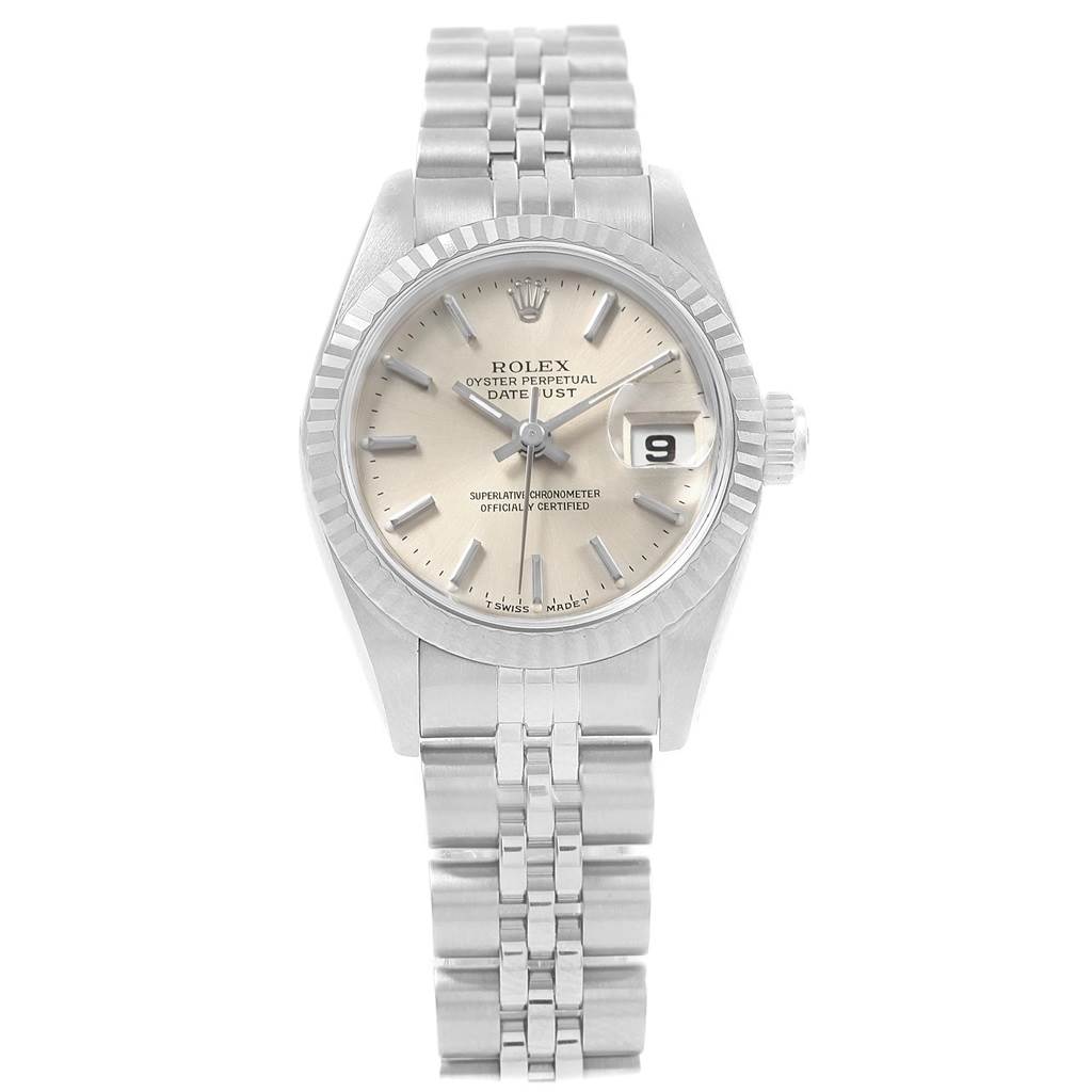 This image shows the front view of a Rolex Datejust 69174 Women's Stainless Steel Silver Dial 69174 Women's Stainless Steel Silver Dial watch, featuring its bezel, dial, bracelet, and date window.