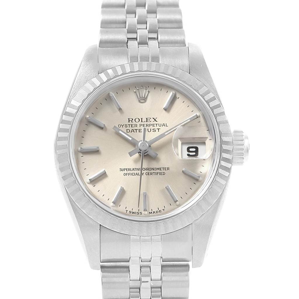 This image shows a Rolex Datejust 69174 Women's Stainless Steel Silver Dial 69174 Women's Stainless Steel Silver Dial watch from the front, displaying the dial, bezel, and part of the bracelet.