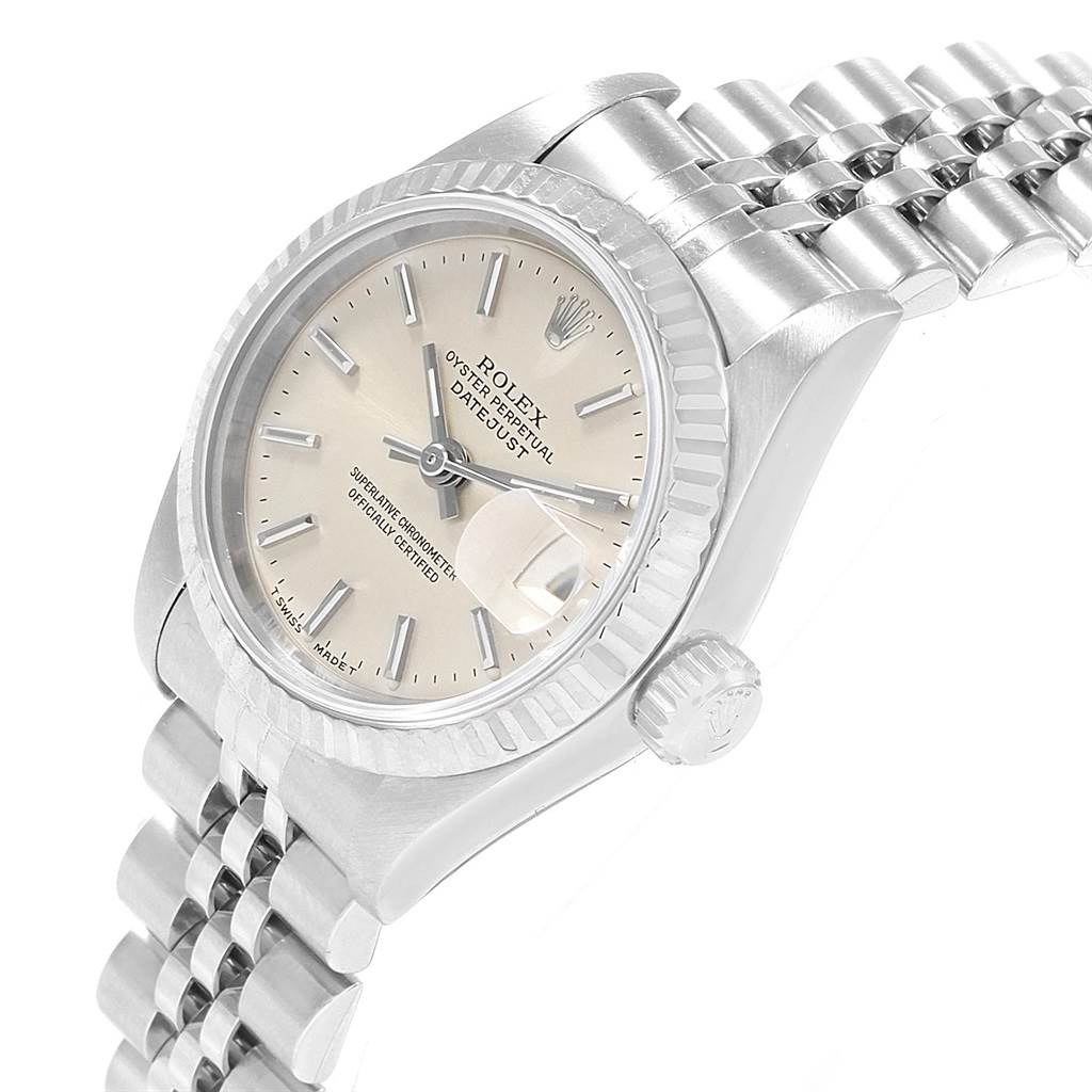 The image shows a side angle of the Rolex Datejust 69174 Women's Stainless Steel Silver Dial 69174 Women's Stainless Steel Silver Dial watch, highlighting the bezel, crown, dial, and bracelet.