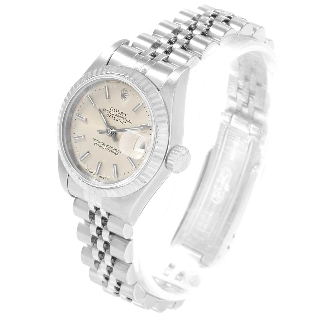 The image shows a Rolex Datejust 69174 Women's Stainless Steel Silver Dial 69174 Women's Stainless Steel Silver Dial watch from an angled perspective, highlighting the dial, fluted bezel, and Jubilee bracelet.