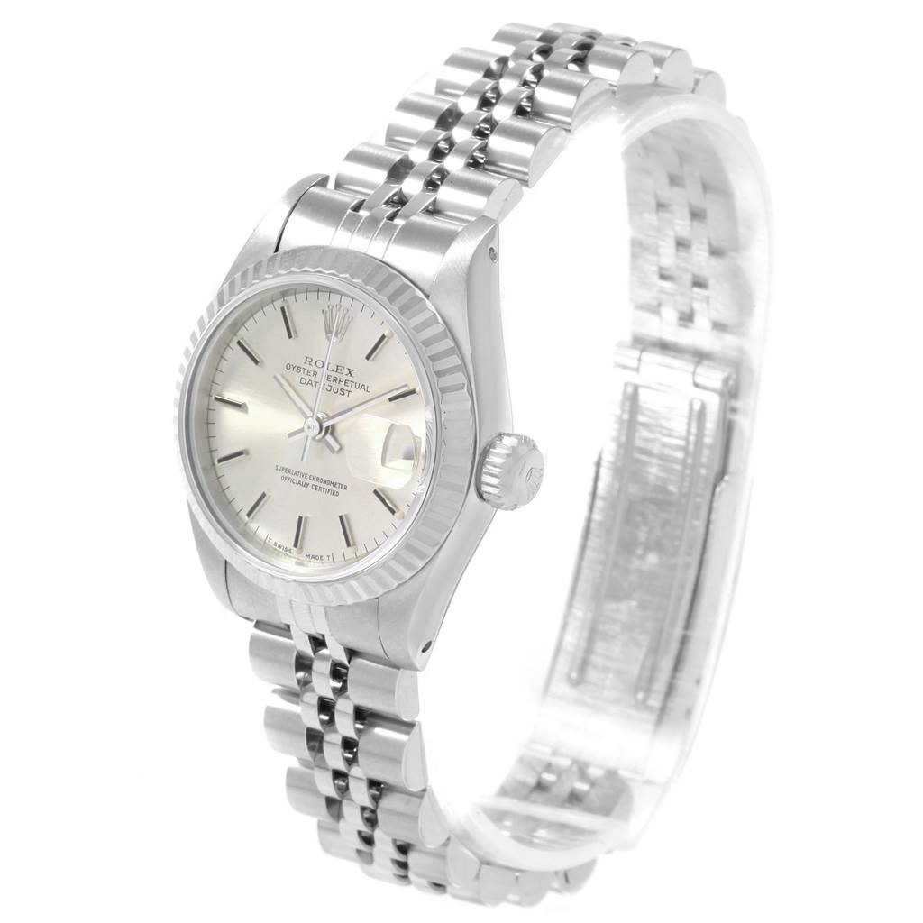 The image shows a side angle of a Rolex Datejust 69174 Women's Stainless Steel Silver Dial 69174 Women's Stainless Steel Silver Dial watch, highlighting its face, crown, and the linked bracelet.
