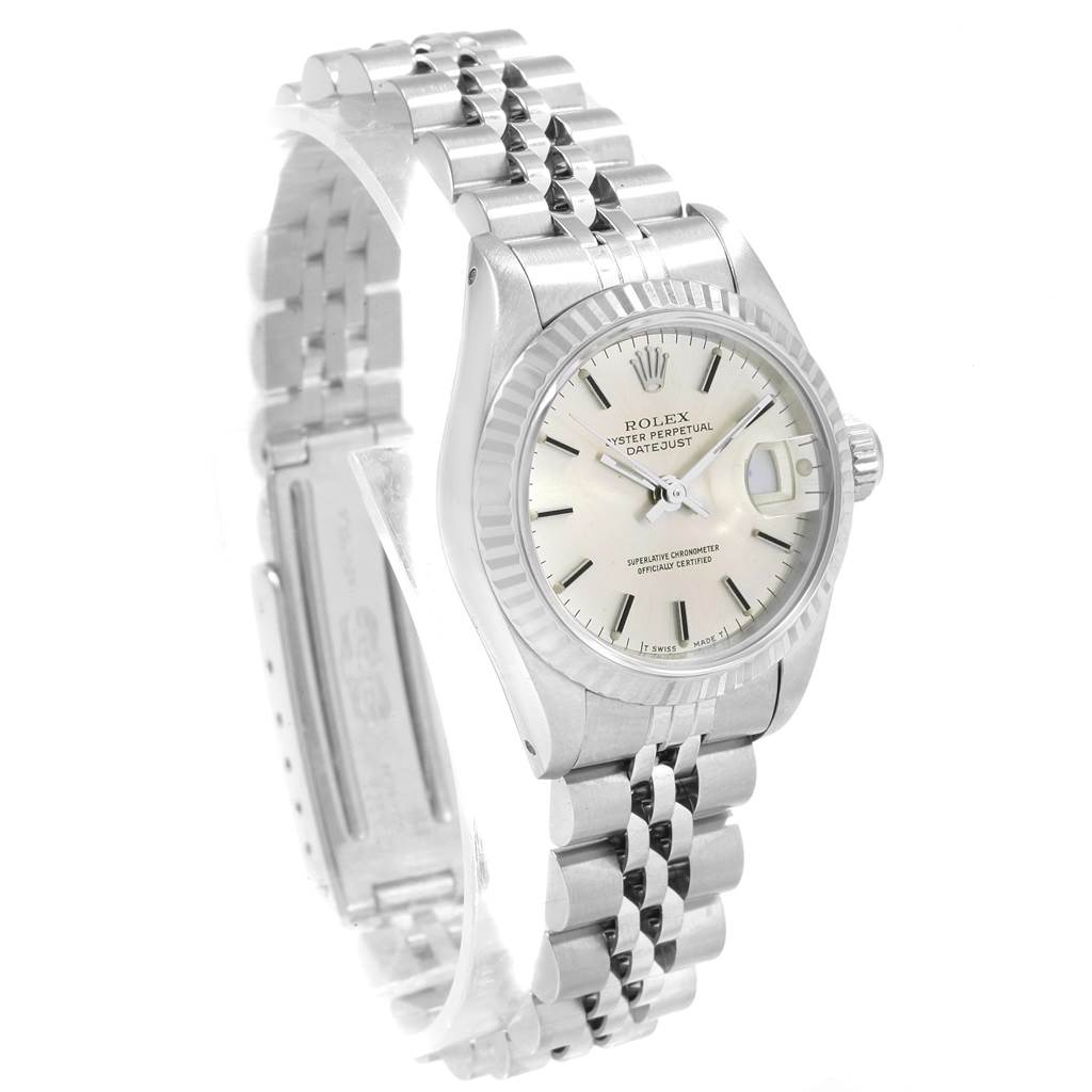 This image shows a Rolex Datejust 69174 Women's Stainless Steel Silver Dial 69174 Women's Stainless Steel Silver Dial watch from a front angle, highlighting the dial, bezel, bracelet, and crown.