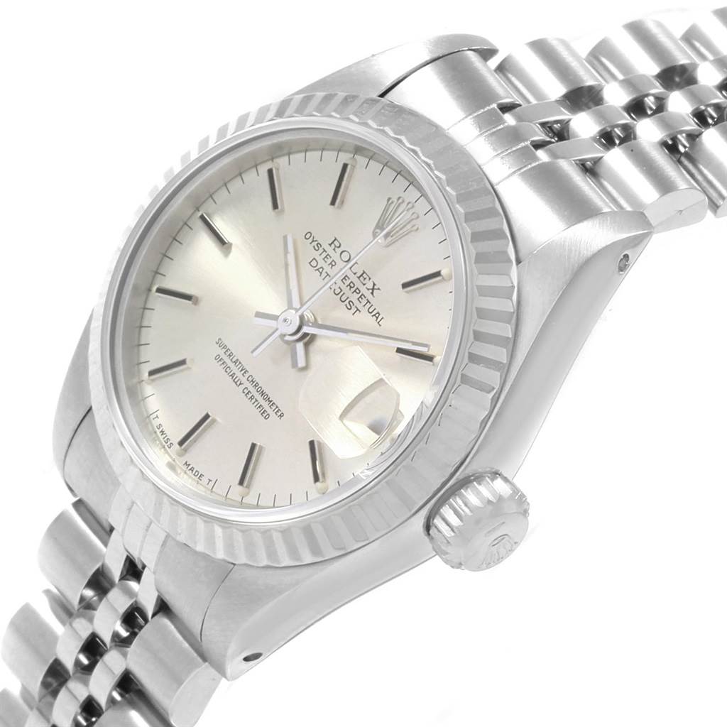 This Rolex Datejust 69174 Women's Stainless Steel Silver Dial 69174 Women's Stainless Steel Silver Dial watch is shown at an angled side view, displaying the face, bezel, crown, and partial bracelet.
