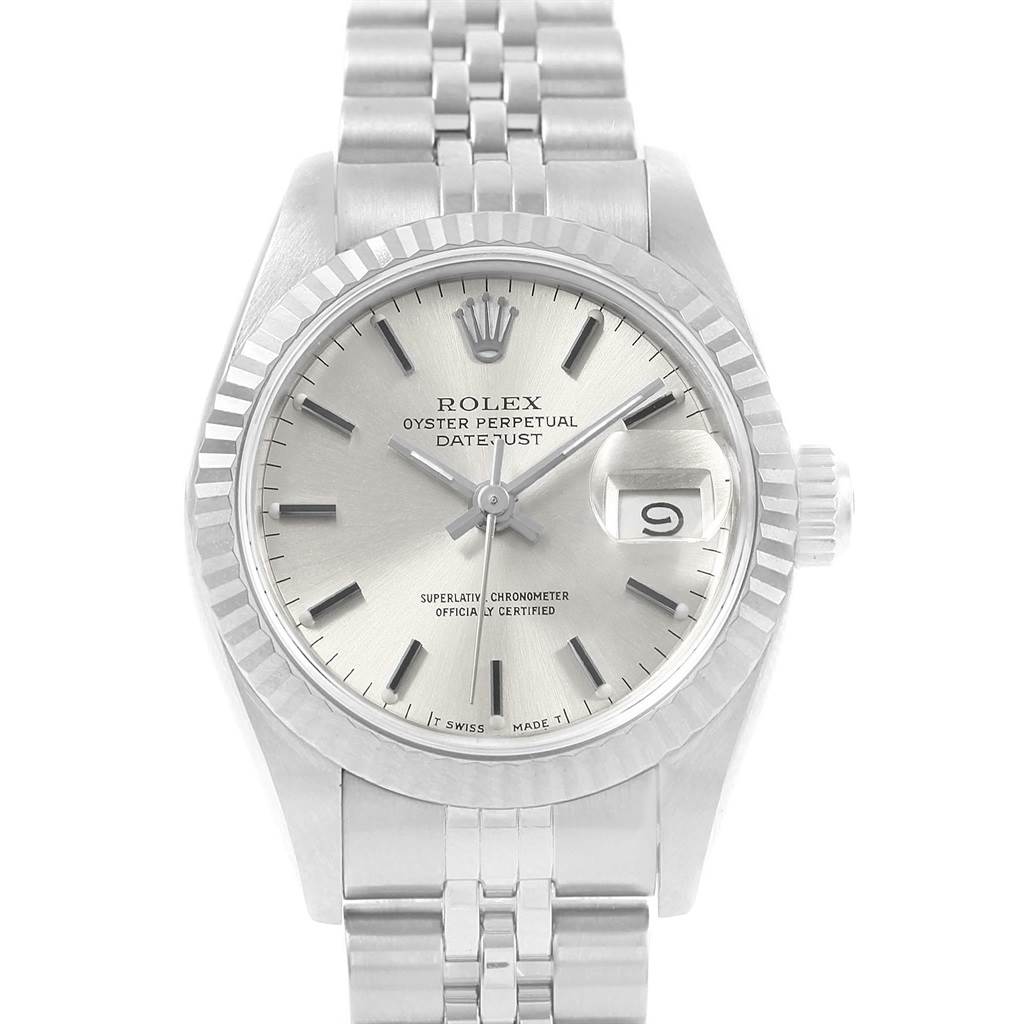 The image shows a frontal view of a Rolex Datejust 69174 Women's Stainless Steel Silver Dial 69174 Women's Stainless Steel Silver Dial, highlighting the dial, bracelet, and fluted bezel.