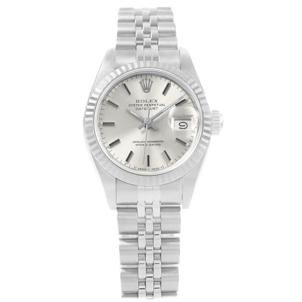 This image shows a front view of a Rolex Datejust 69174 Women's Stainless Steel Silver Dial 69174 Women's Stainless Steel Silver Dial watch, featuring its dial, bezel, bracelet, and date window.