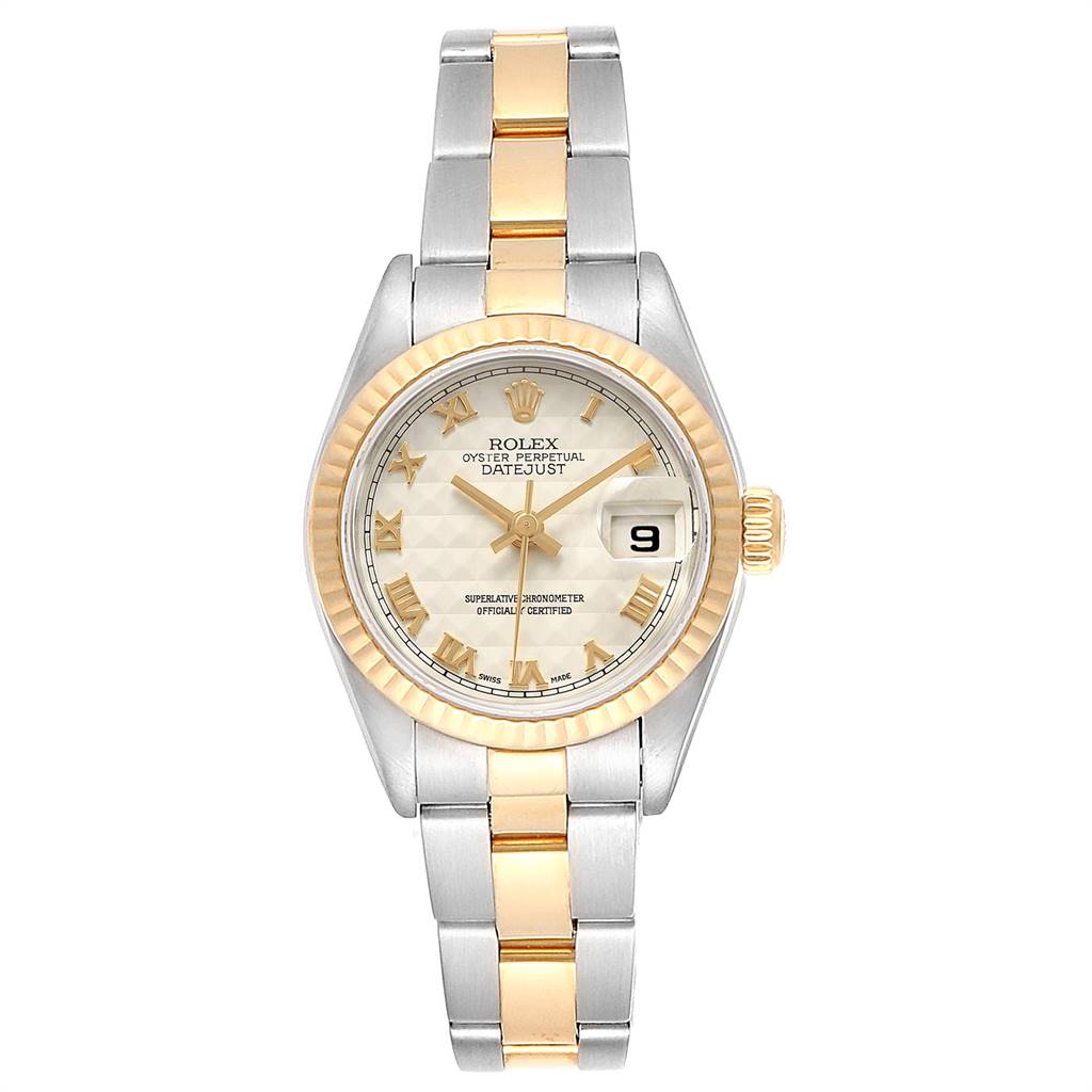This image shows a front view of a Rolex Datejust 79173 Women's Steel and Gold (two tone) Beige Dial 79173 Women's Steel and Gold (two tone) Beige Dial watch with a two-tone metal bracelet and a date window at 3 o'clock.