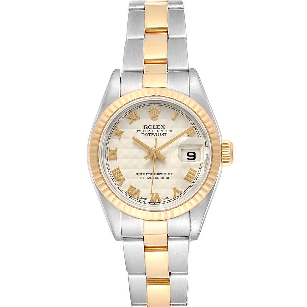 The Rolex Datejust 79173 Women's Steel and Gold (two tone) Beige Dial 79173 Women's Steel and Gold (two tone) Beige Dial watch is shown from a front angle, displaying its dial, bezel, and two-tone metal bracelet.