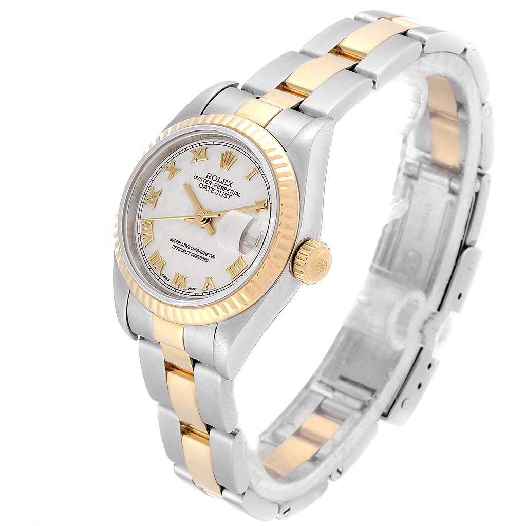 The image shows a Rolex Datejust 79173 Women's Steel and Gold (two tone) Beige Dial 79173 Women's Steel and Gold (two tone) Beige Dial watch at a three-quarter angle, highlighting its gold and silver bracelet, fluted bezel, and dial.