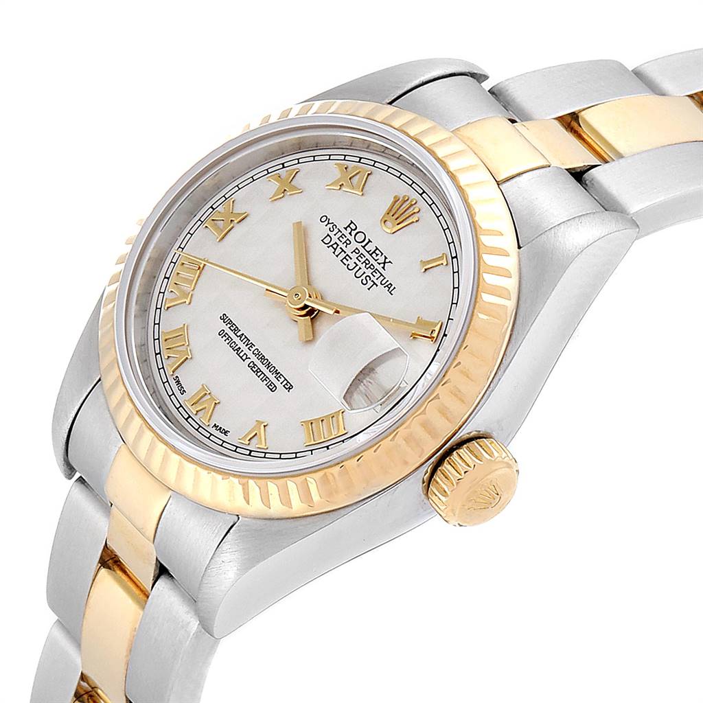 The image shows a Rolex Datejust 79173 Women's Steel and Gold (two tone) Beige Dial 79173 Women's Steel and Gold (two tone) Beige Dial watch angled from the right side, highlighting the dial, bezel, crown, and part of the bracelet.