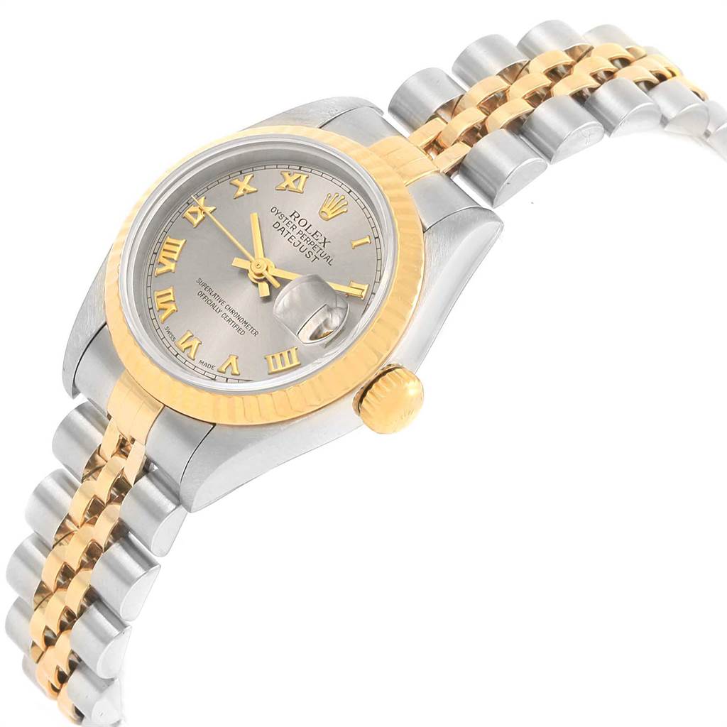 The Rolex Datejust 69173 Women's Stainless Steel Grey Dial 69173 Women's Stainless Steel Grey Dial watch is shown at a slight side angle, displaying its dial, bezel, crown, and part of the jubilee bracelet.