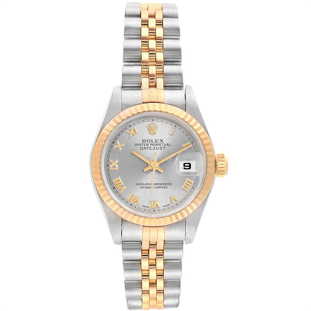 This image shows a Rolex Datejust 69173 Women's Stainless Steel Grey Dial 69173 Women's Stainless Steel Grey Dial watch from the front angle, featuring the dial, bezel, crown, and bracelet.