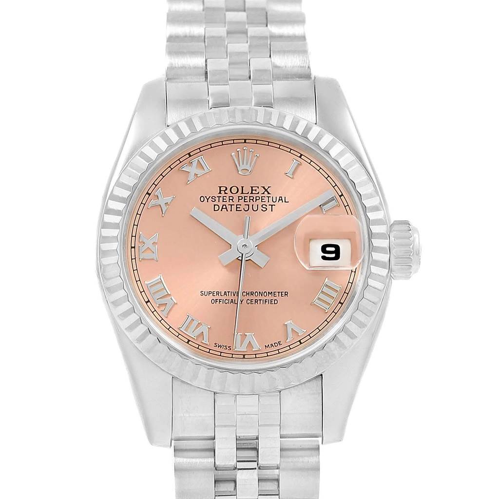 The image shows a front view of a Rolex Datejust 179174 Women
s Stainless Steel Pink Dial 179174 Women
s Stainless Steel Pink Dial watch, showcasing the dial, bezel, and bracelet.
