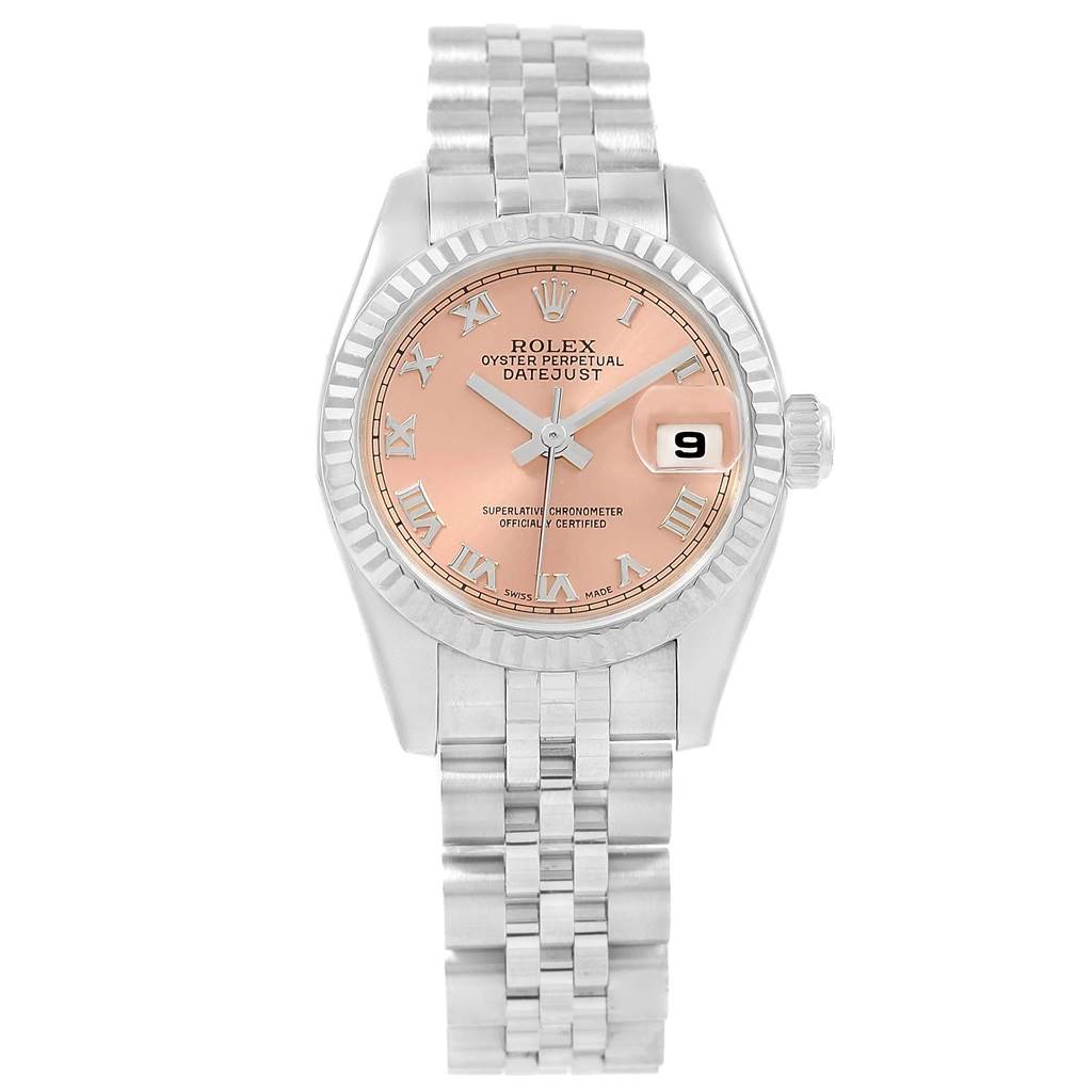 This image shows a Rolex Datejust 179174 Women
s Stainless Steel Pink Dial 179174 Women
s Stainless Steel Pink Dial watch from a front angle, displaying its dial, bezel, and bracelet.