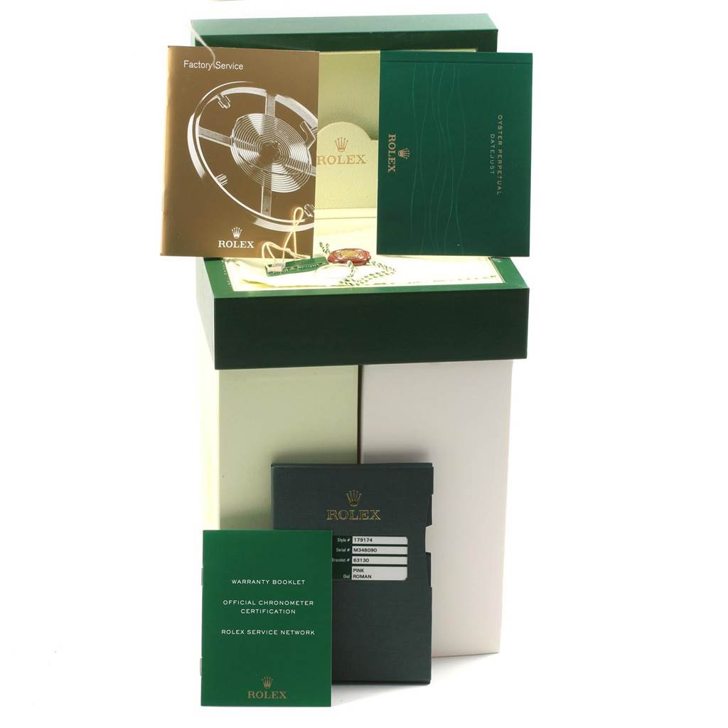 The image shows the packaging, warranty booklets, and accessories for a Rolex Datejust 179174 Women
s Stainless Steel Pink Dial 179174 Women
s Stainless Steel Pink Dial watch.
