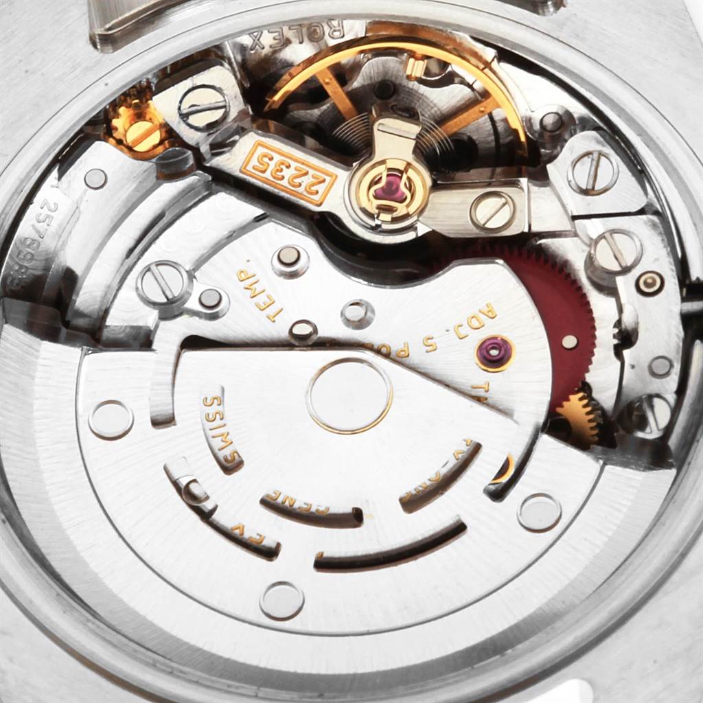This image shows the movement components of a Rolex Datejust 179174 Women
s Stainless Steel Pink Dial 179174 Women
s Stainless Steel Pink Dial watch viewed from the back.