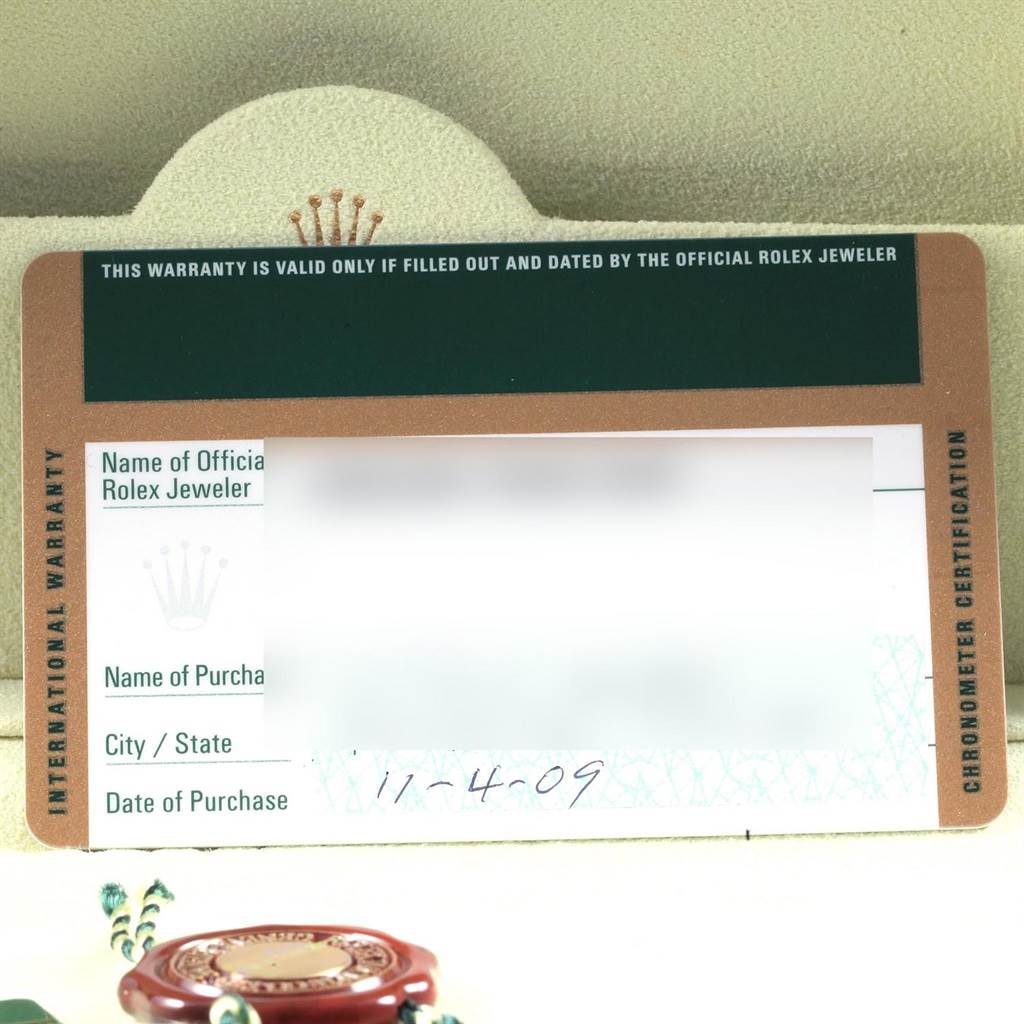 The image shows the warranty card and certification tag for a Rolex Datejust 179174 Women
s Stainless Steel Pink Dial 179174 Women
s Stainless Steel Pink Dial watch.