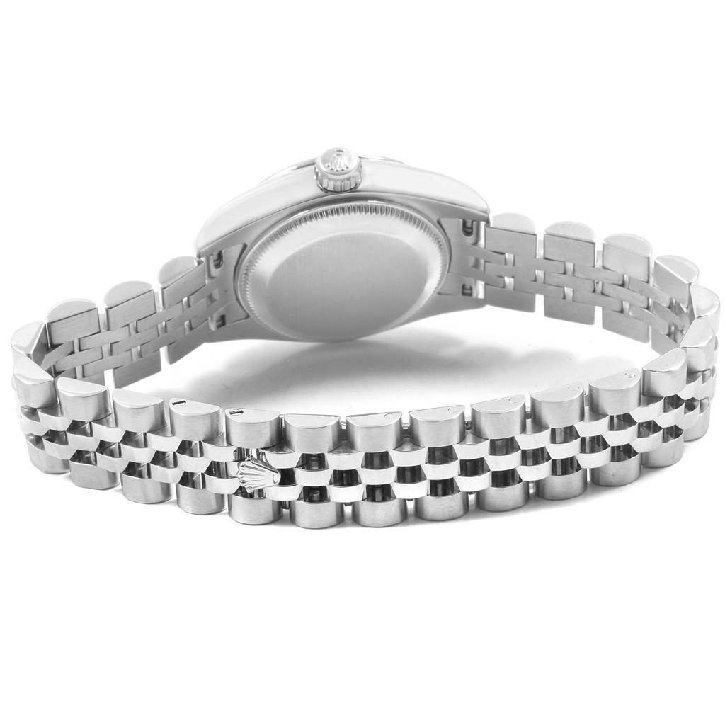 This image shows the case back and bracelet of a Rolex Datejust 179174 Women
s Stainless Steel Pink Dial 179174 Women
s Stainless Steel Pink Dial watch from a rear angle.