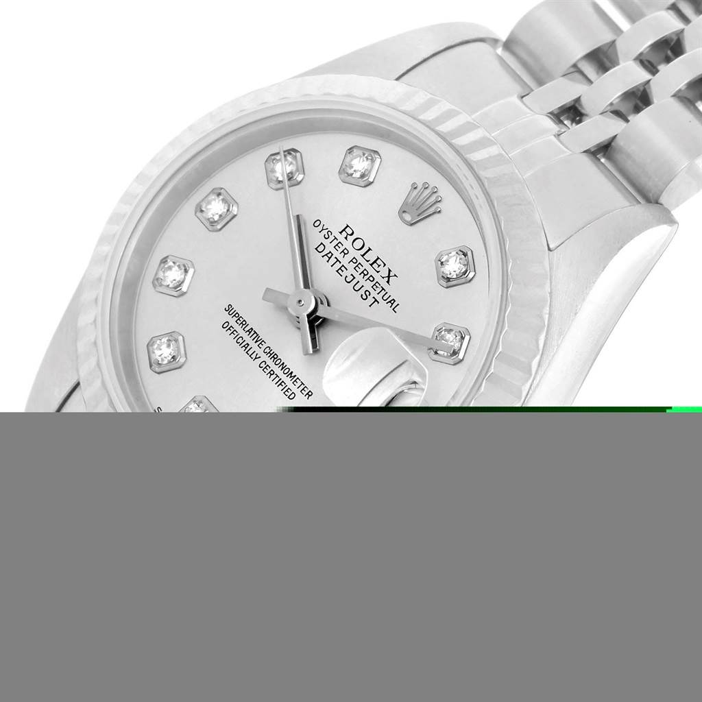 The image shows a close-up angled view of the dial and part of the bracelet of a Rolex Datejust 79174 Women's Stainless Steel Silver Dial 79174 Women's Stainless Steel Silver Dial watch.