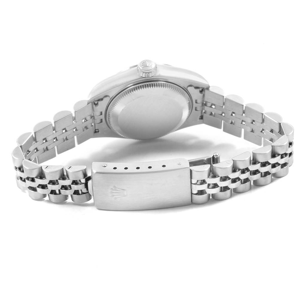 The image shows the case back and Jubilee bracelet of a Rolex Datejust 79174 Women's Stainless Steel Silver Dial 79174 Women's Stainless Steel Silver Dial watch from a rear angle.