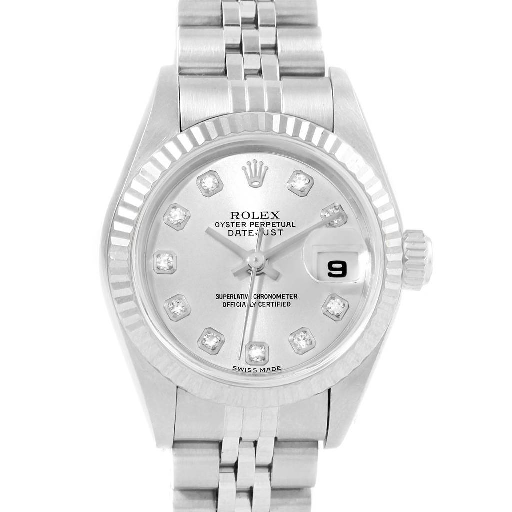 The Rolex Datejust 79174 Women's Stainless Steel Silver Dial 79174 Women's Stainless Steel Silver Dial watch is shown from a top-down angle, displaying the dial, bezel, case, and bracelet.