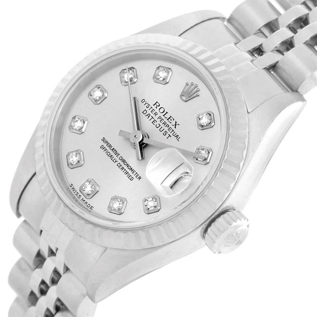 The image shows a close-up of the Rolex Datejust 79174 Women's Stainless Steel Silver Dial 79174 Women's Stainless Steel Silver Dial watch, highlighting the dial, crown, and bracelet from an angle.