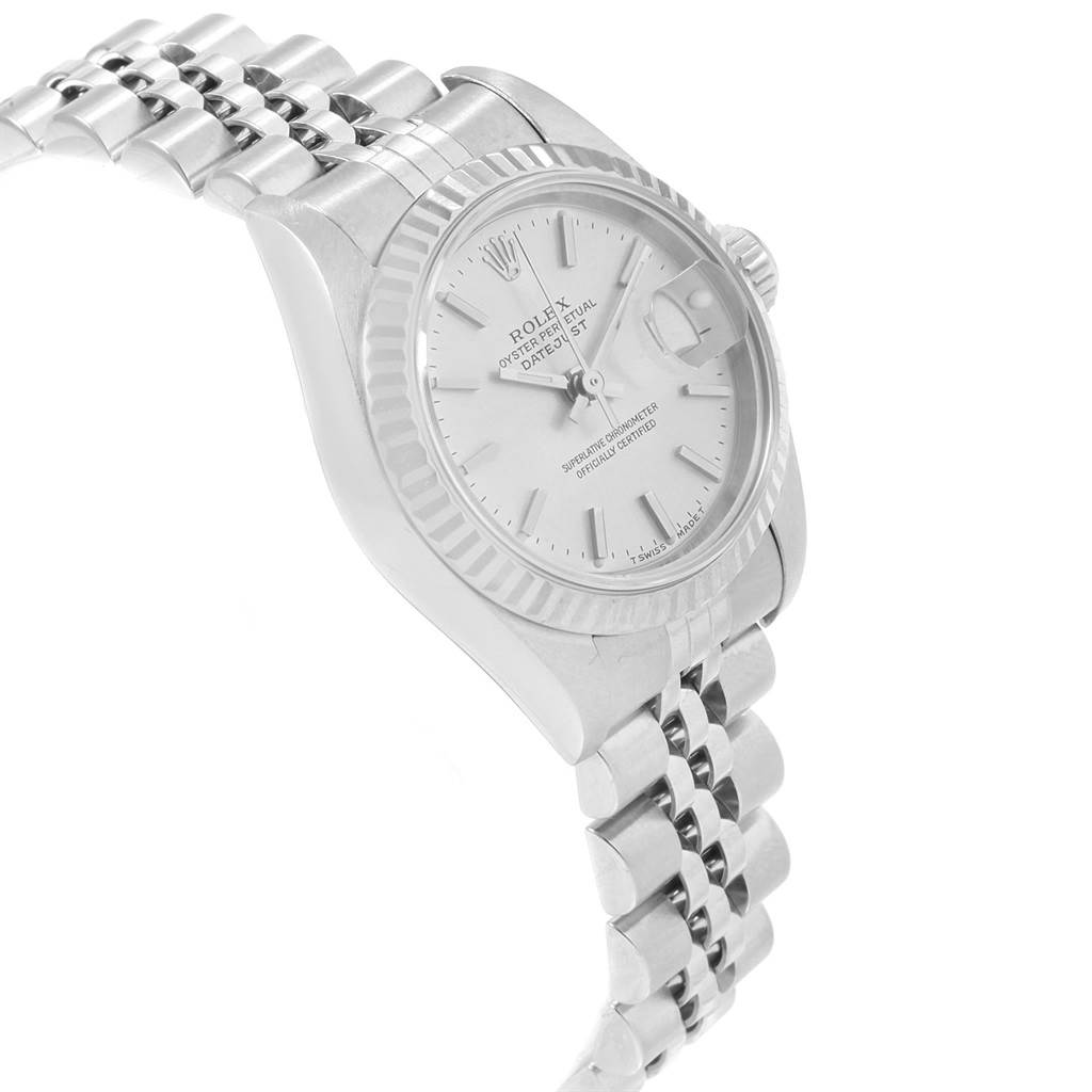The image shows a Rolex Datejust 69174 Women's Stainless Steel Silver Dial 69174 Women's Stainless Steel Silver Dial watch viewed from an angled side perspective, highlighting the bezel, dial, and bracelet.