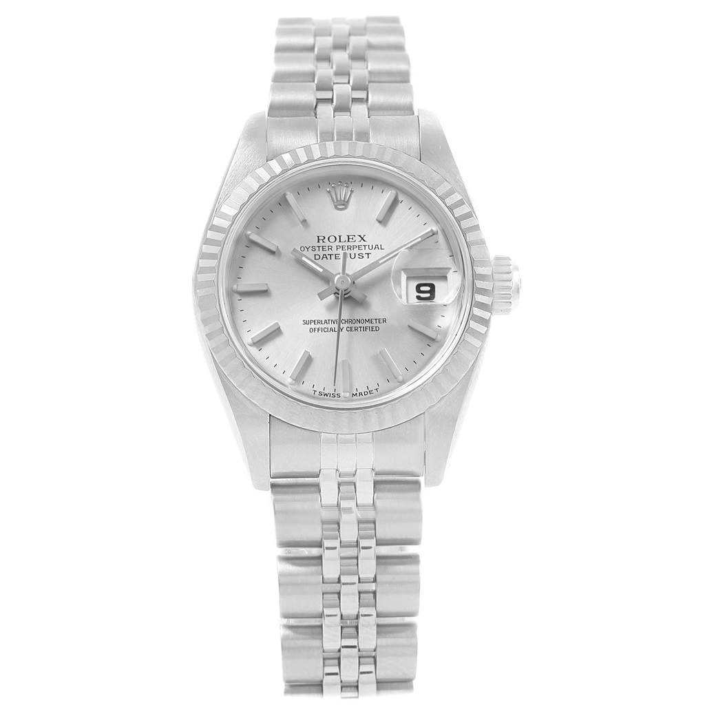 This is a front view of the Rolex Datejust 69174 Women's Stainless Steel Silver Dial 69174 Women's Stainless Steel Silver Dial watch, showing the face, bezel, and bracelet.