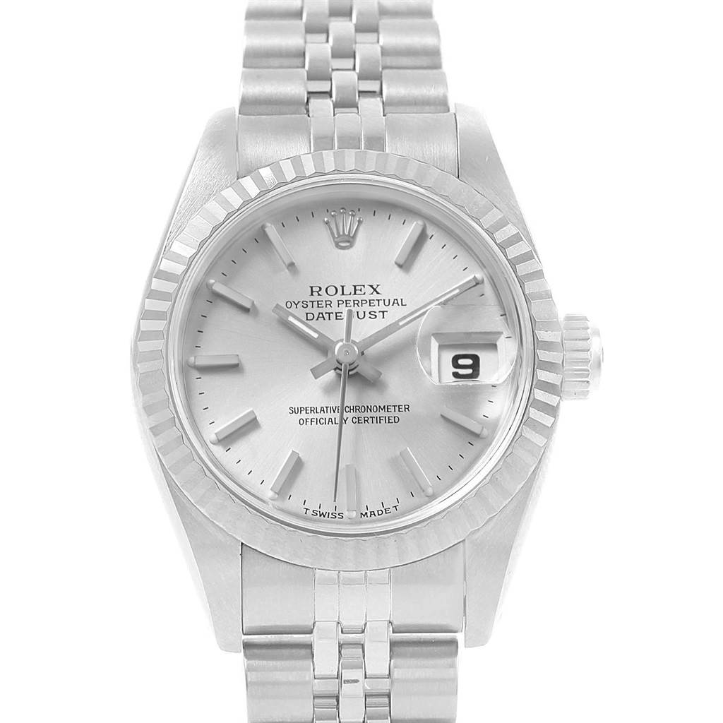 The image shows a front view of a Rolex Datejust 69174 Women's Stainless Steel Silver Dial 69174 Women's Stainless Steel Silver Dial watch, displaying the dial, bezel, and bracelet.